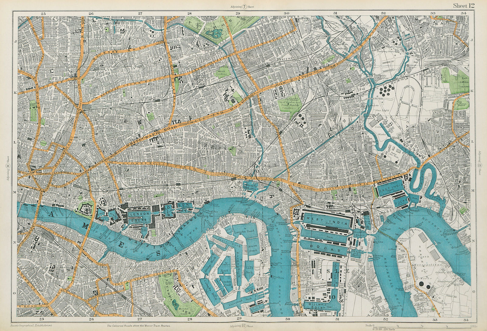 LONDON City East End Southwark Bethnal Green Docks Shoreditch. BACON  1913 map